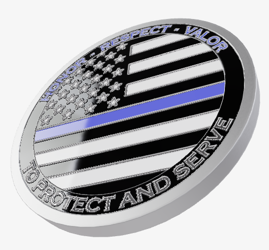 Coin with American flag design featuring a blue stripe, text 'Respect Valor To Protect and Serve', and star pattern.