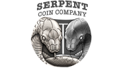 Logo of Serpent Coin Company featuring two coiled snakes. One in metal and one as a drawing. 